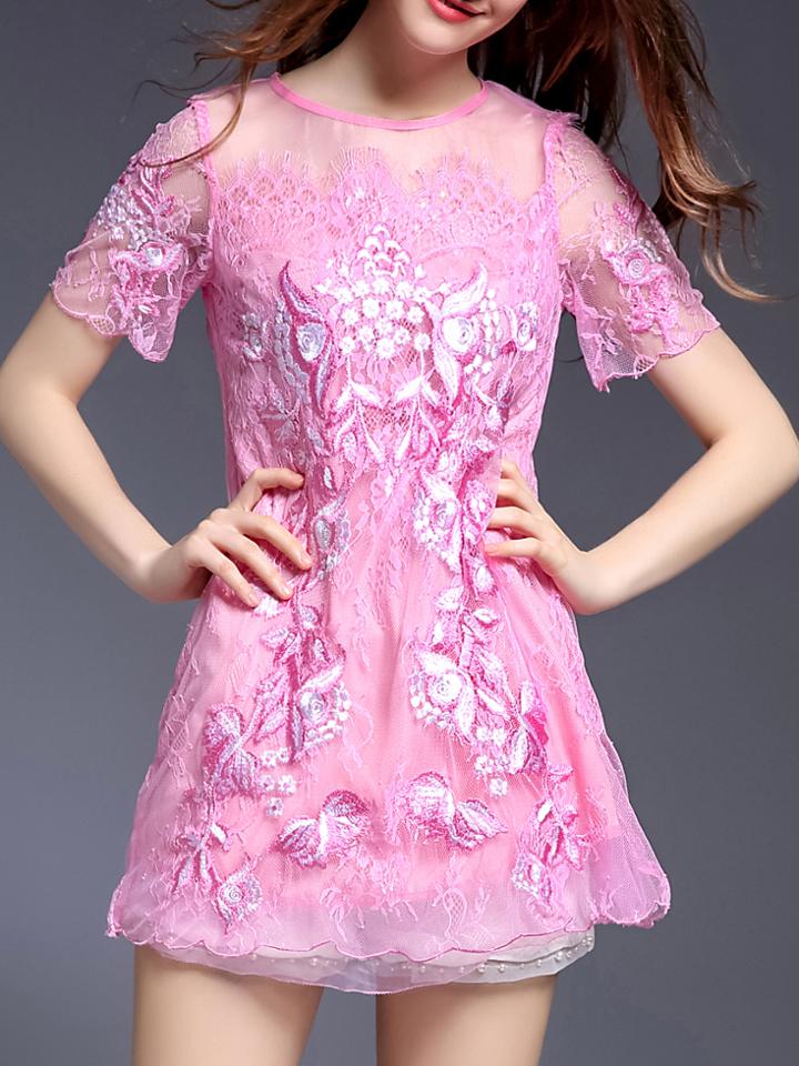 Shein Hot Pink Gauze Embroidered Lace Shift Dress
