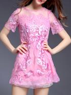 Shein Hot Pink Gauze Embroidered Lace Shift Dress