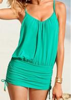 Rosewe Solid Green Ruched Spaghetti Strap Swimdress