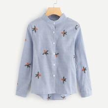 Shein Embroidered Striped Dip Hem Blouse
