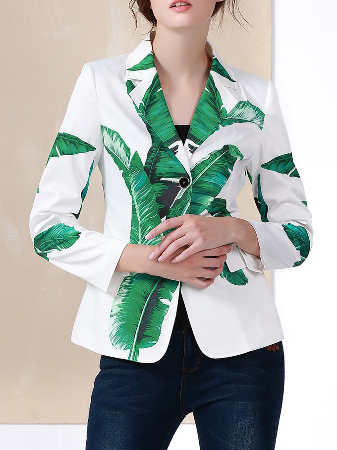 Shein White Lapel Leaves Print Coat