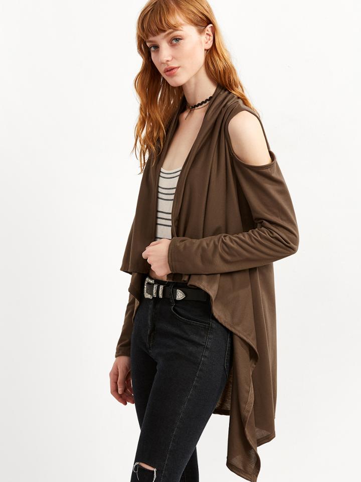 Shein Khaki Open Shoulder Waterfall Asymmetrical Coat