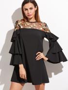 Shein Black Floral Embroidered Mesh Shoulder Layered Ruffle Sleeve Dress