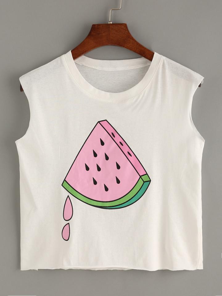 Shein White Watermelon Print Raw Hem Tank Top