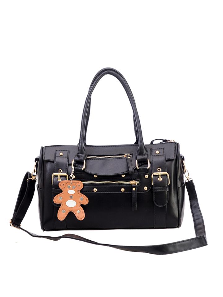 Shein Buckle Strap Bowler Bag With Bear Charm - Black