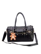 Shein Buckle Strap Bowler Bag With Bear Charm - Black