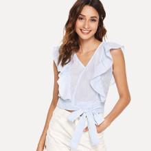 Shein Knot Detail Ruffle Trim Striped Blouse