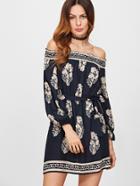 Shein Navy Vintage Print Off The Shoulder Belted Dress