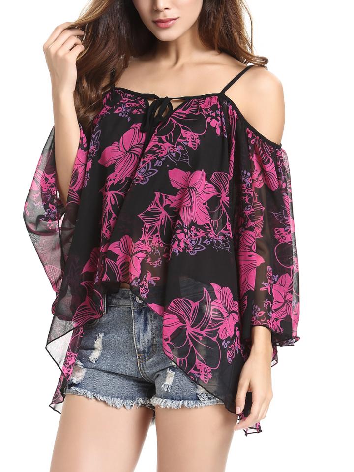 Shein Black Flower Print Cold Shoulder Chiffon Blouse