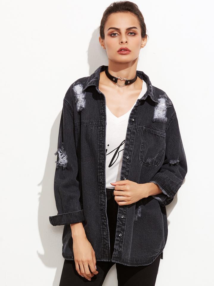 Shein Distressed Hidden Button Front Denim Jacket