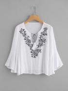 Shein Tassel Tie Neck Fluted Sleeve Embroidery Blouse