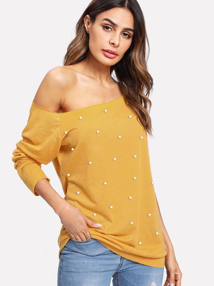 Shein Pearl Detail Asymmetrical Shoulder Tee