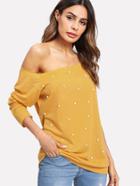 Shein Pearl Detail Asymmetrical Shoulder Tee