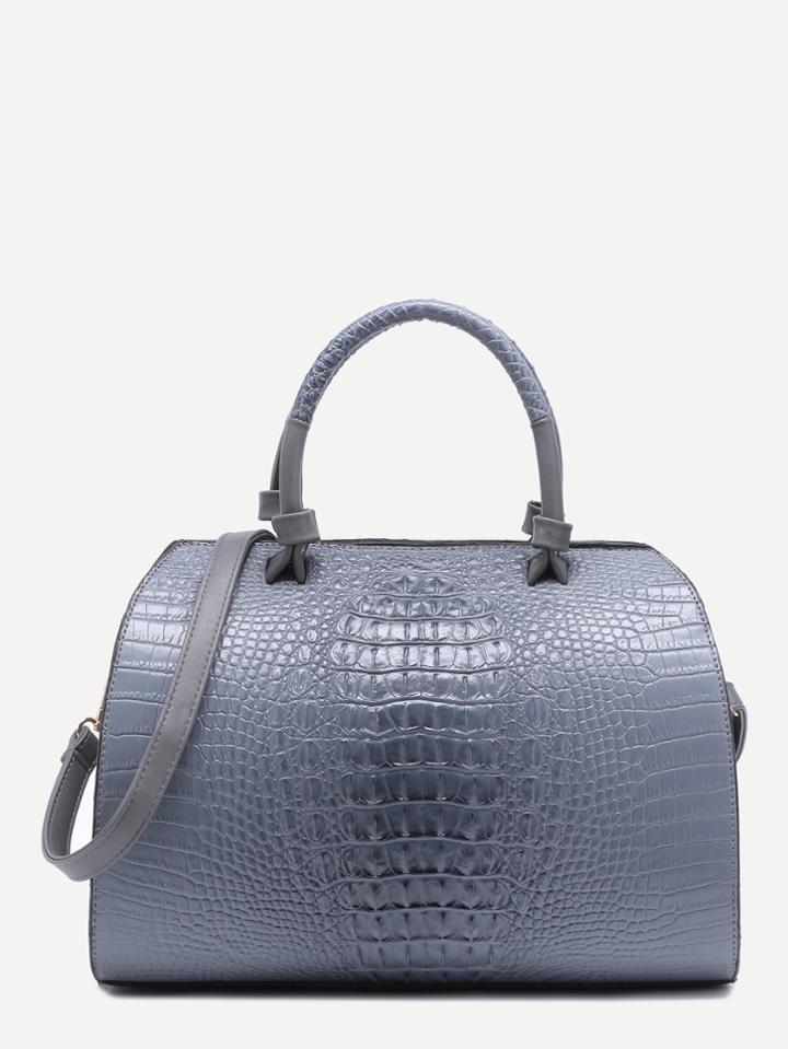Shein Grey Croc Embossed Leather Front Zipper Bowling Bag