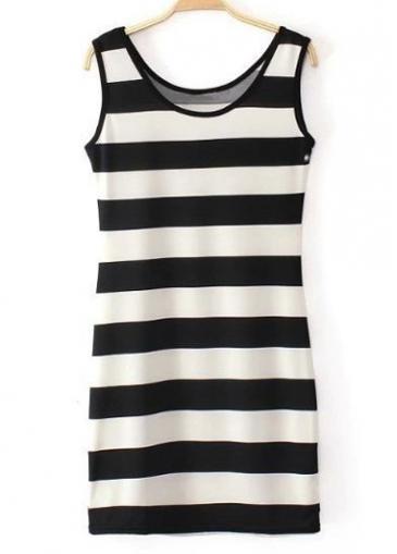 Rosewe Chic Stripe Print Round Neck Woman Tank Dress