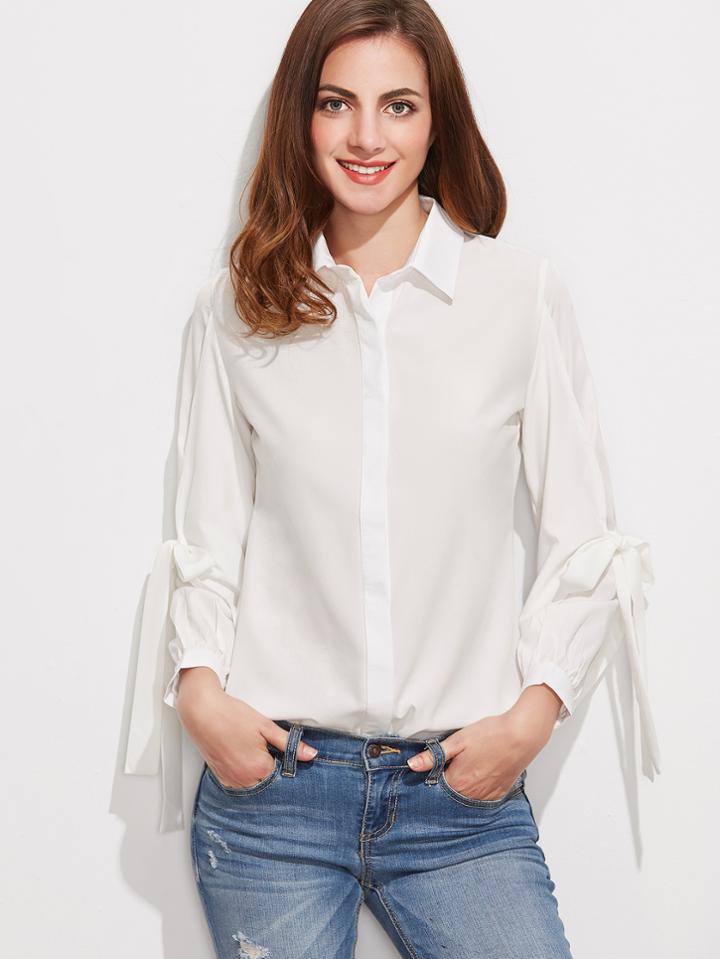Shein Bow Tie Sleeve Hidden Button Blouse