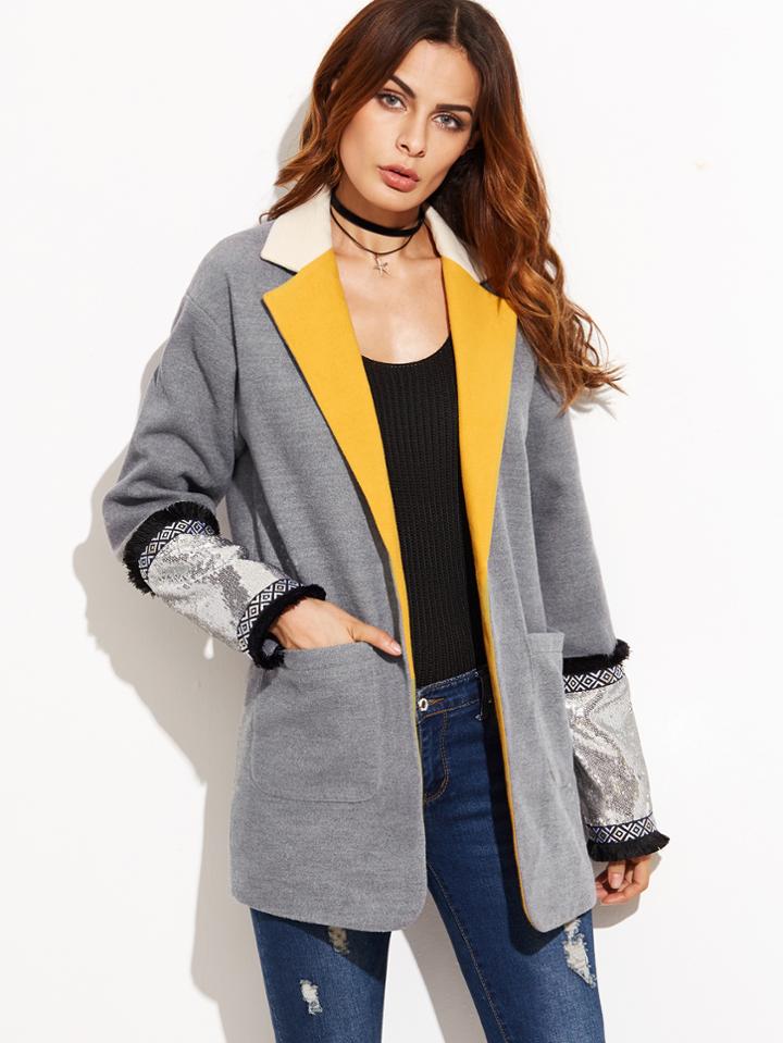 Shein Grey Contrast Notch Collar Boyfriend Blazer With Sequin Cuff
