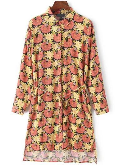 Shein Multicolor Lapel Floral High Low Shirt Dress