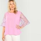 Shein Plus 3d Applique Embroidered Mesh Sleeve Blouse