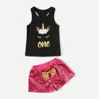 Shein Girls Printed Tank Top With Sequin Shorts