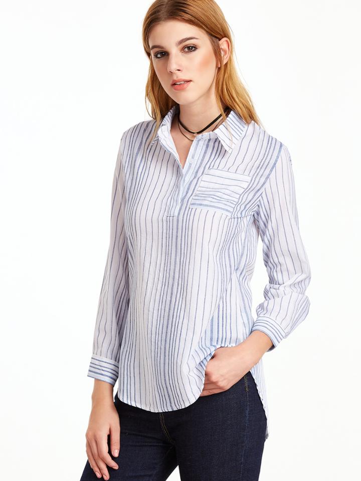 Shein White Striped Pocket Curved Hem Blouse