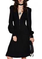 Rosewe Fabulous Deep V Neck Long Sleeve Black Dress