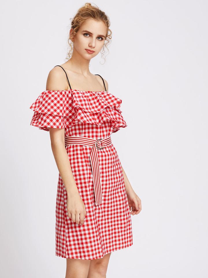 Shein Cold Shoulder Layered Frill Gingham Self Ring Tie Dress