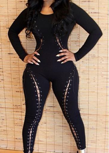 Rosewe Long Sleeve Round Neck Black Jumpsuit