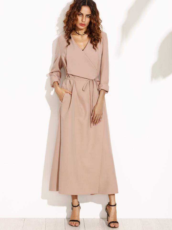 Shein Pink Drape Collar Longline Wrap Coat