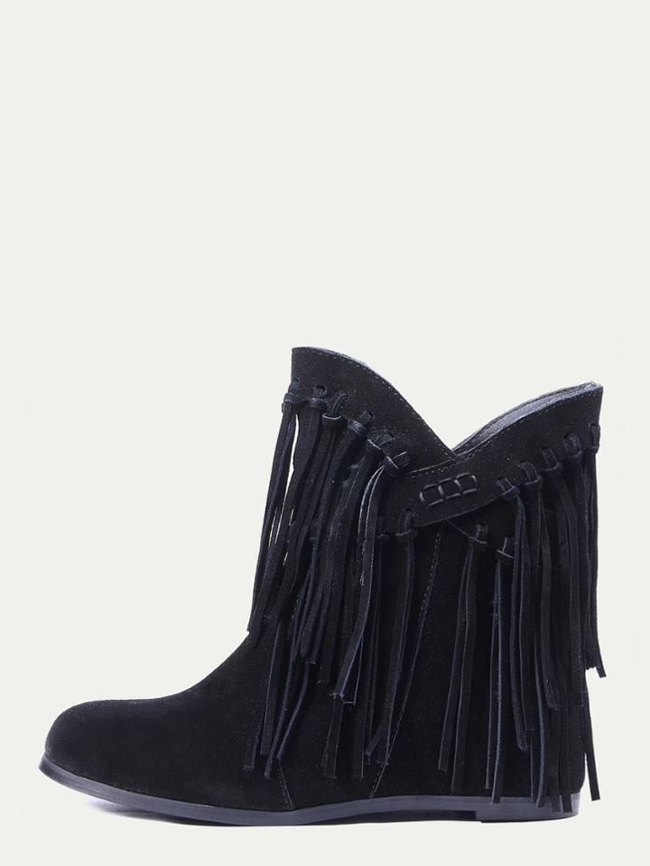 Shein Black Nubuck Leather Fringe Tassel Hidden Heel Boots