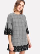 Shein Eyelash Lace Detail Trumpet Sleeve Plaid Dress