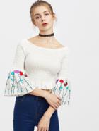 Shein Embroidered Bell Sleeve Smocked Top