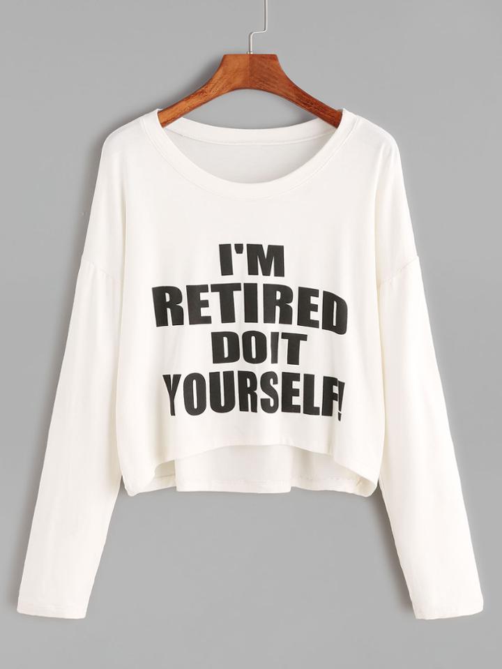 Shein Beige Slogan Print Drop Shoulder Dip Hem T-shirt