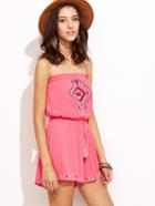 Shein Hot Pink Embroidered Drawstring Tassel Tie Waist Strapless Romper