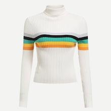 Shein Rolled Neck Striped Rib Knit Sweater
