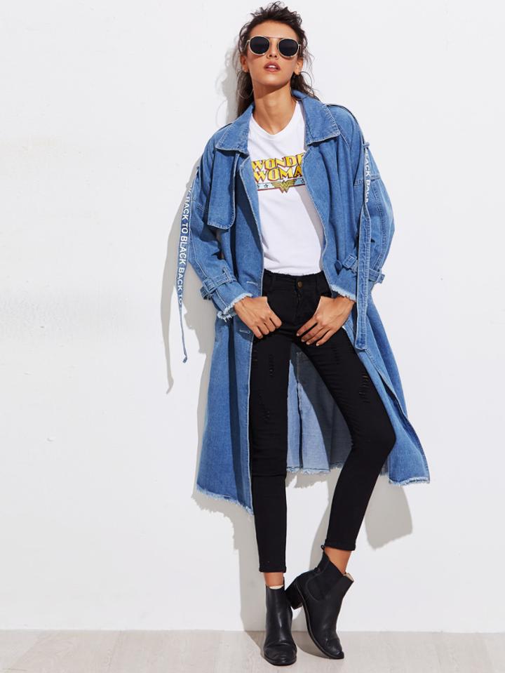 Shein Frayed Trim Drop Shoulder Denim Trench Coat