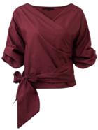 Shein Burgundy Wrap V Neck Blouse With Bow Tie
