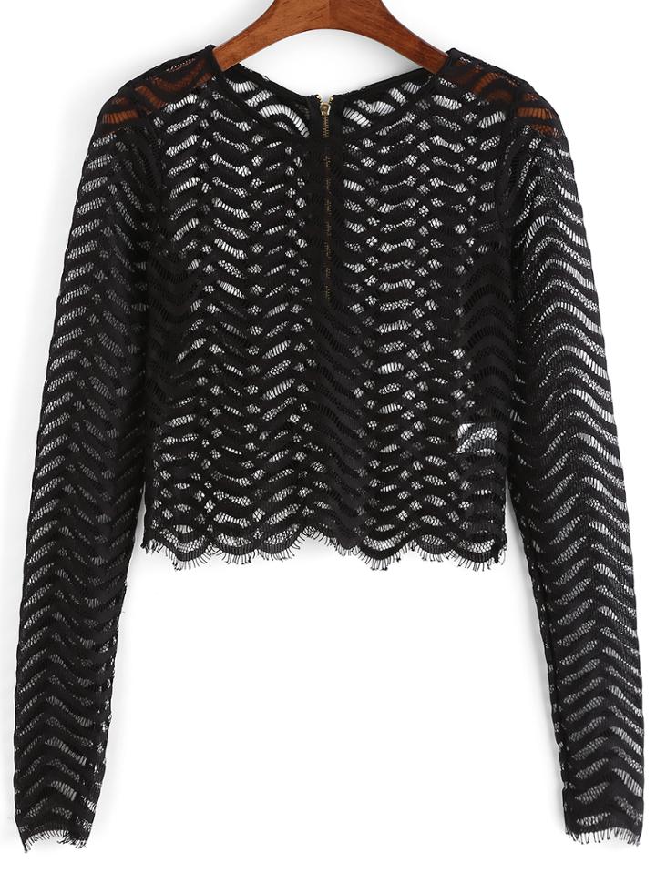 Shein Black Long Sleeve Hollow Zipper Crop Top