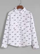 Shein White Fishes Print Pockets Shirt