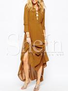 Shein Brown Long Sleeve Lace Up Maxi Dress