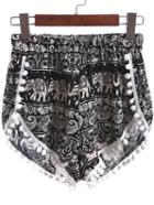 Shein Black Elastic Waist Elephant Print Ball Embellished Shorts