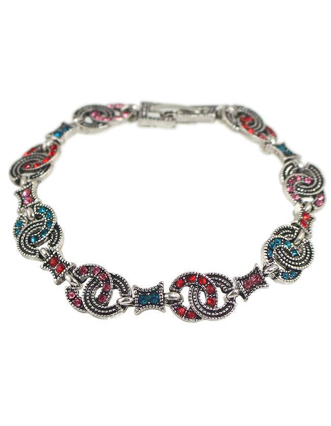 Shein Antique Silver Plated Colorful Rhinestone Chain Bracelet Jewelry