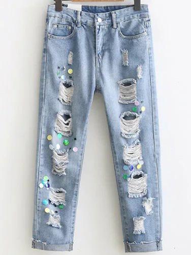 Shein Blue Ripped Detail Sequin Embellished Jeans