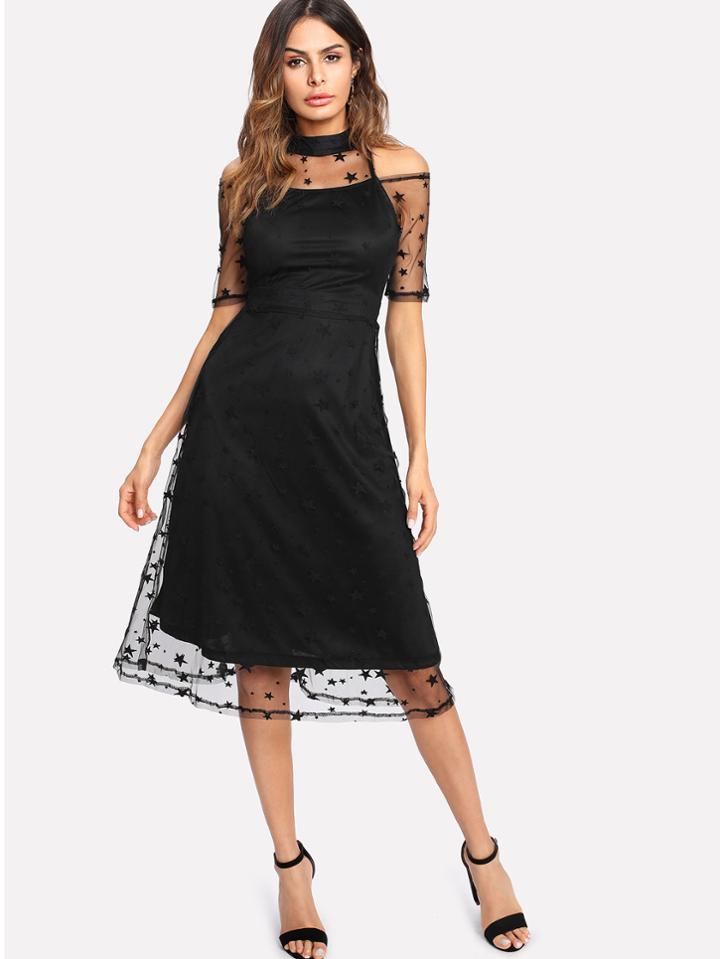Shein Illusion Neck Star Mesh Overlay Dress