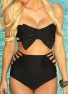 Rosewe Hollow Design Bow Decorated Black Swimsuit