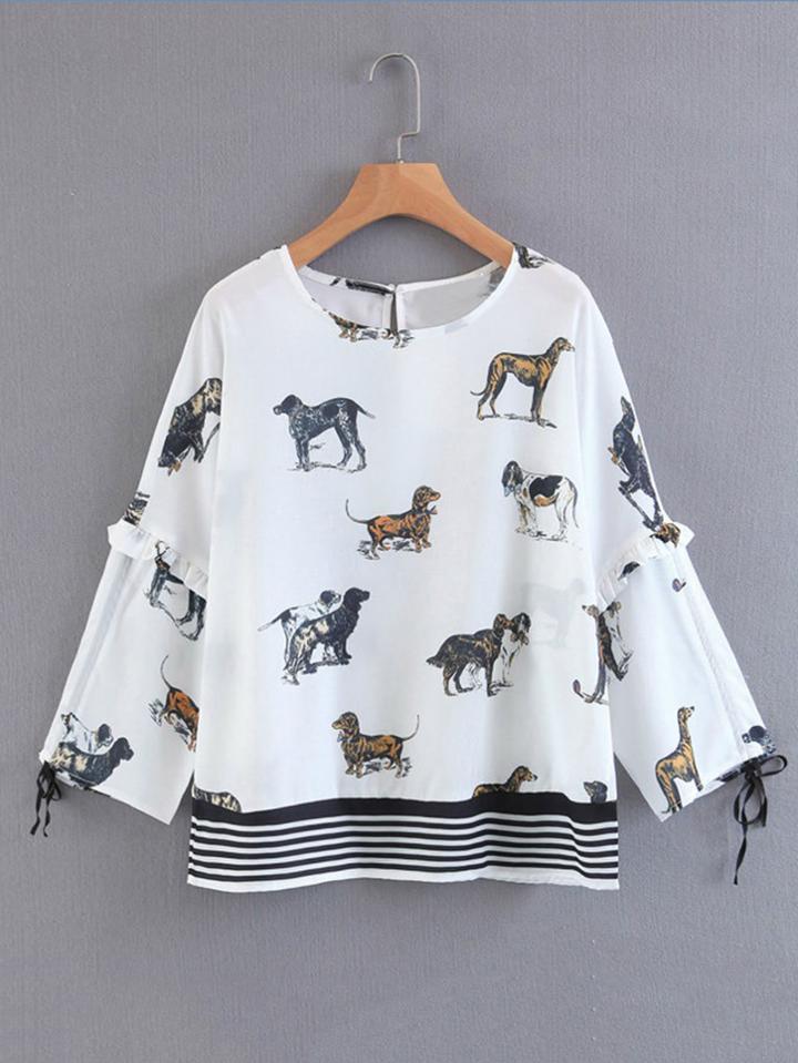 Shein Dog Print Ruffle Detail Striped Hem Blouse