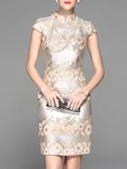 Shein Gold Cap Sleeve Flowers Embroidered Sheath Dress