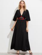 Shein Cape Sleeve Embroidered Applique Waist Plunging Dress
