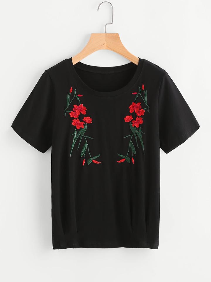 Shein Symmetric Flowers Embroidered Tee