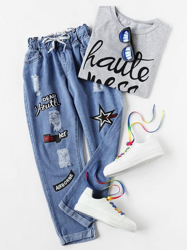 Shein Letter Print Roll Hem Ripped Jeans
